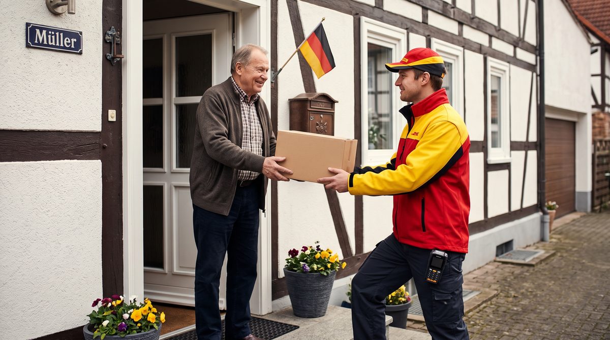 Ein Kunde in Deutschland übergibt vor seinem Fachwerkhaus einem Kurier in gelb-roter Kleidung einen verpackten Retourenkarton